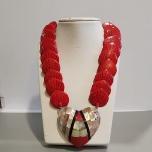 Carved Wooden Leaf & Abalone Inlaid Heart Pendant- 1970s